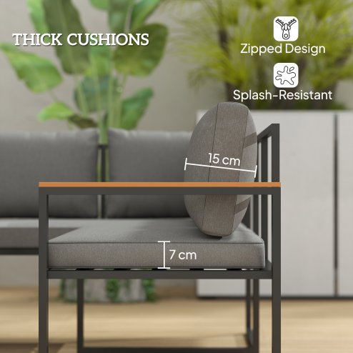 Outsunny 6 Piece L Shaped Garden Furniture Set, 9 Seater Outdoor Corner Sofa Set with 3 Loveseats, Bench, Chair, Wide and Deep Seats, WPC Top Coffee Table, Thick Cushions, Natural Wood Finish