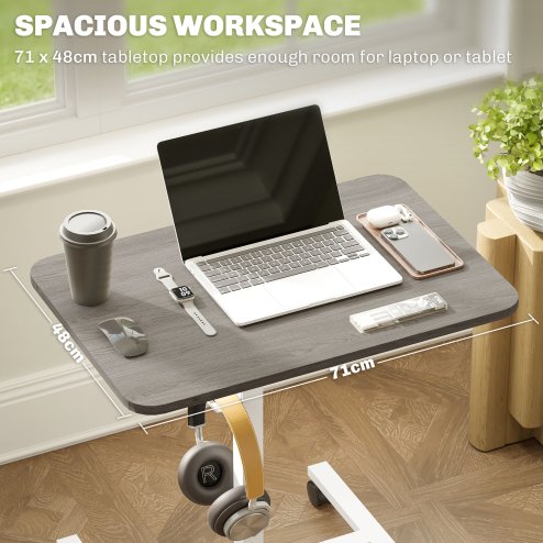 HOMCOM Height Adjustable Standing Desk, Pneumatic Sit Stand Desk for Laptop, Mobile Overbed Table with Wheels and Headphone Hook for Home Office