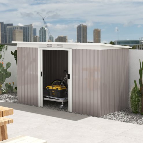 Outsunny 9ft x 4ft Metal Garden Shed, Outdoor Tool House with Foundation Kit, Ventilations and Double Doors, Light Grey