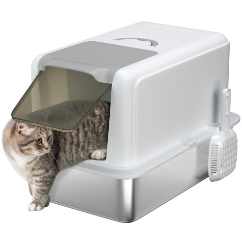 PawHut Stainless Steel Cat Litter Box, Extra Large Metal Cat Litter Tray with Lid, Scoop, Filter Bags, White