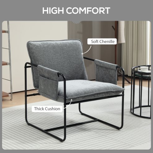 HOMCOM Modern Accent Chair, Chenille Armchair with Side Pockets and Steel Frame, Upholstered Reading Chair for Bedroom, Living Room, Grey