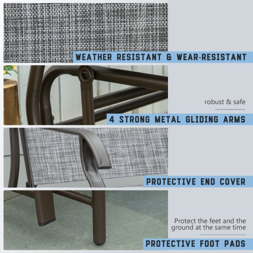 Outsunny 2 Seats Garden Glider Bench, Metal Frame Loveseat with Glass Top  Centre Table, Porch Rocking Glider for 2 Person, for Deck, Patio, Brown/ Grey