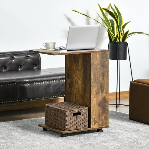 HOMCOM Mobile Sofa Side Table C-Shape End Table with Storage and Casters for Laptop Coffee Snack Image