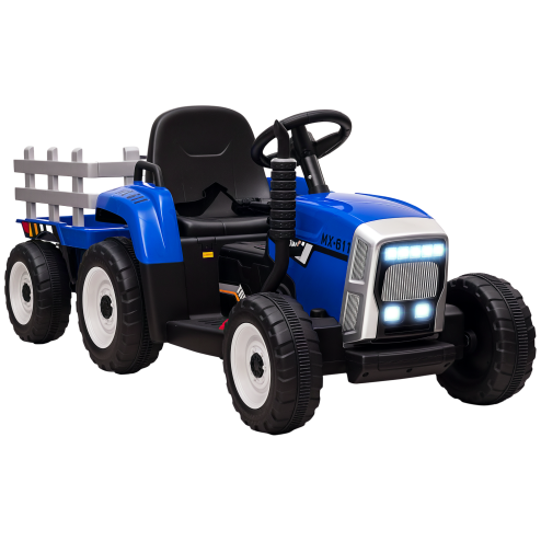 HOMCOM Electric Ride on Tractor 12V Kids Electric Car with Detachable Trailer Remote Control, Music, Horn, Lights, Start-Up Sound, for Ages 3-6 Years - Blue Image