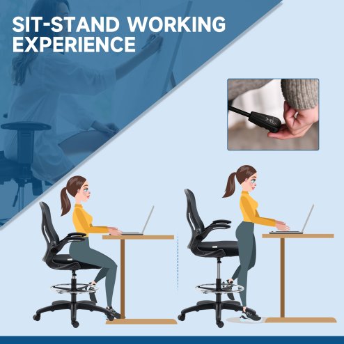 Vinsetto Drafting Chair with Flip-up Armrests, Mesh Office Chair, Ergonomic Draughtsman Chair with Lumbar Support and Footrest Ring for Standing Desk and Bar Counter, Black