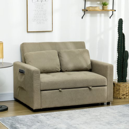 HOMCOM 2 Seater Sofa Bed, Convertible Bed Settee, Modern Fabric Loveseat Sofa Couch with 2 Cushions, Side Pockets for Living Room, Guest Room, Light Brown