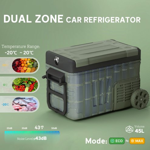 Outsunny 33L Camping Fridge Freezer Dual Zone, Portable Car Fridge 12V/24V DC & 100-240V AC, Electric Cool Box -20°C-20°C with Wheels and LED Light, for Travel, RV, Road Trip, Picnic [Energy Class E]