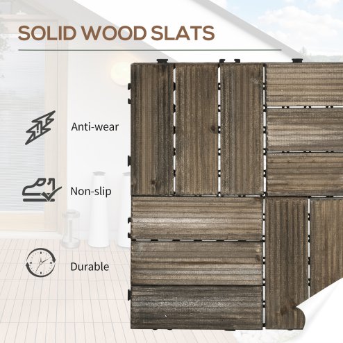 Outsunny 27 Pcs Wooden Interlocking Decking Tiles, Outdoor Flooring Tiles for Patio, Balcony, Terrace, Hot Tub, 30 x 30 cm per Piece, 2.5m² per Pack, Charcoal Grey