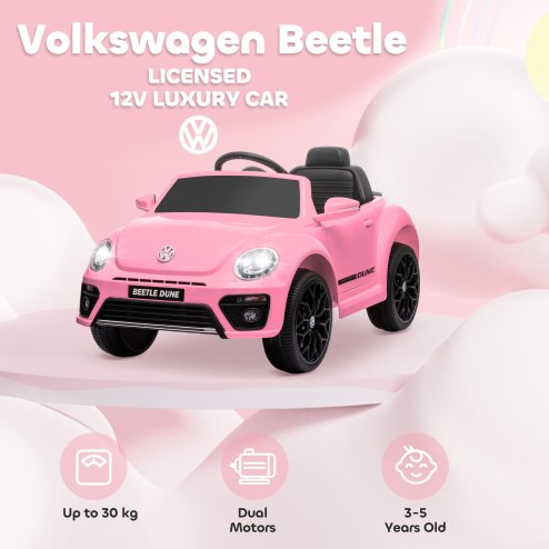 AIYAPLAY Volkswagen Beetle Licensed Ride on Car, 12V Kids Electric Car with Remote Control, 4 Spring Suspension Wheels, Soft Start, Headlights, FM Radio, Music, Horn, Pink