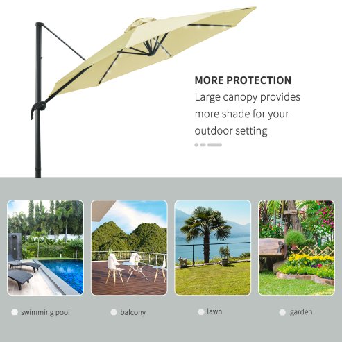 Outsunny 3(m) Cantilever Roma Parasol Patio Sun Umbrella with Crank & Tilt LED Solar Light Cross Base 360 Rotating Outdoor, Beige