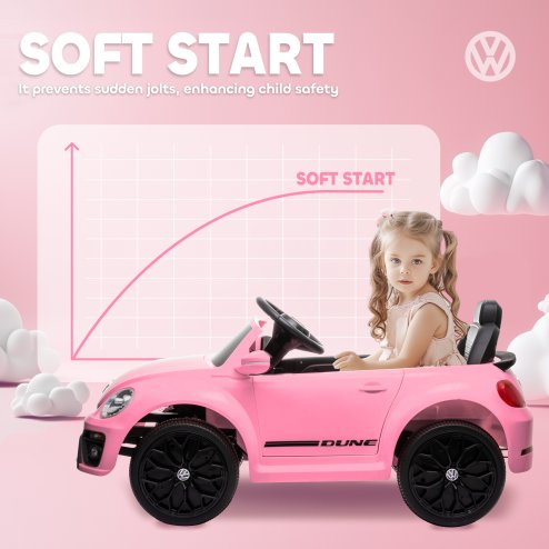 AIYAPLAY Volkswagen Beetle Licensed Ride on Car, 12V Kids Electric Car with Remote Control, 4 Spring Suspension Wheels, Soft Start, Headlights, FM Radio, Music, Horn, Pink