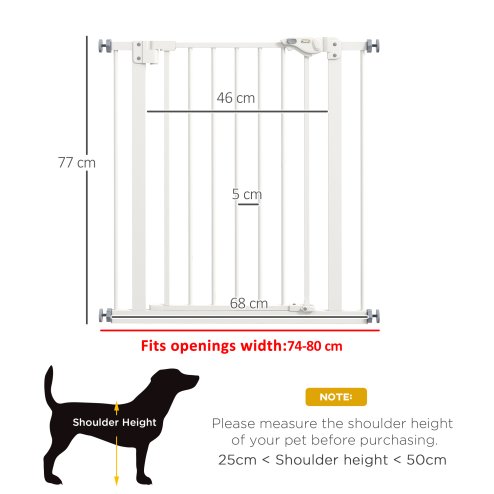 PawHut Dog Gate Stair Gate Pressure Fit Pets Barrier Auto Close for Doorway Hallway, 74-80cm Wide Adjustable, White