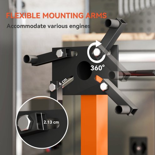 HOMCOM Engine Stand, 570 kg Rotating Engine Stand with 360 Degree Adjustable Head, 4 Mounting Arms, Heavy Duty Steel Support, Universal Wheels for Garage Workshop Auto Repair, Orange