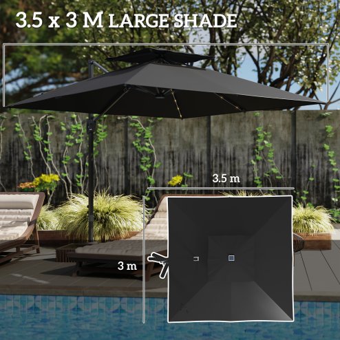 Outsunny 3.5x3 m Garden Cantilever Parasol with Solar LED Lights and Centre Light, UPF50+ Aluminium Patio Umbrella with 360 Rotation and Tilt, Hanging Sun Shade with Cross Base, Crank Handle, Black