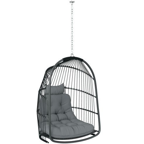 Outsunny Hanging Egg Chair, Foldable Rattan Garden Swing Chair with Installation Kit, Thickened Cushion and Headrest, Indoor Outdoor Hanging Egg Basket Seat for Patio, Porch, Dark Grey Image