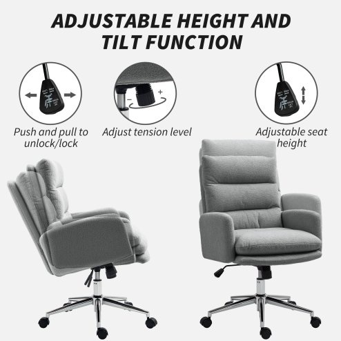 HOMCOM Home Office Chair, Upholstered Sherpa Fleece Desk Chair with Height Adjustable, Tilt Function and 360° Swivel Wheels for Home Office and Study Room, Grey