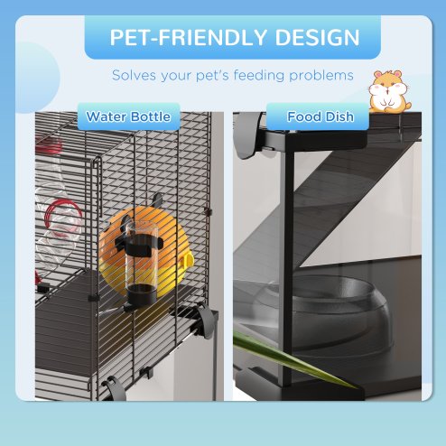PawHut Large Hamster Cage, Gerbil Cage with Deep Glass Bottom, Tunnels, Non-Slip Ramps, Exercise Wheels, Water Bottle, Dish, 60 x 40 x 57cm