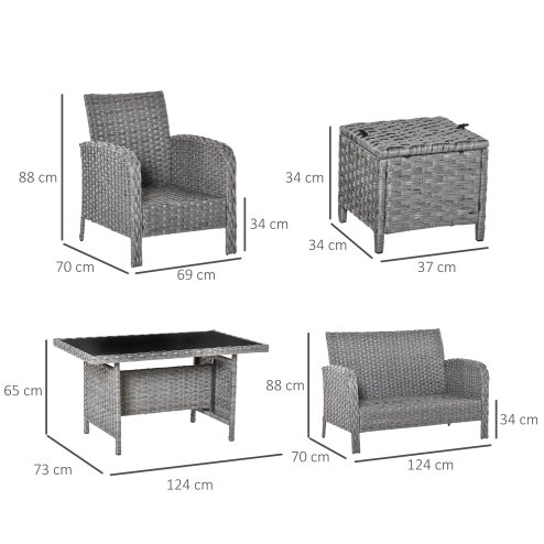 Outsunny 6 Pieces Rattan Garden Furniture Set, 6 Seater Garden Sofa Set with Glass Top Dining Table, Loveseat, 2 Armchairs and Ottomans, Wicker Outdoor Conservatory Furniture for Patio, Grey