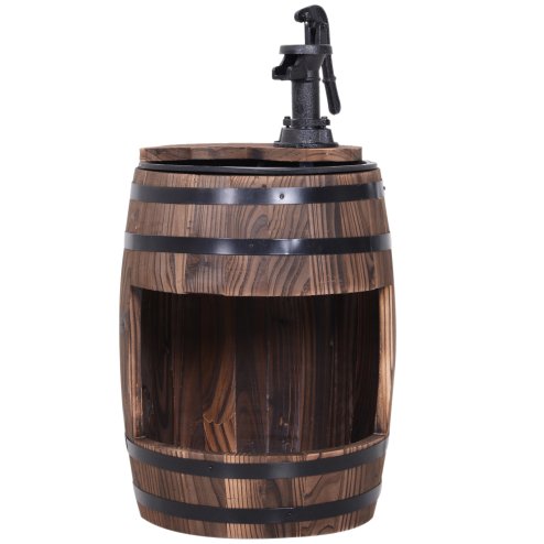 Outsunny Barrel Garden Water Feature with Electric Pump, Wooden Waterfall Fountain Garden Decorative Ornament with Flower Planter Decor