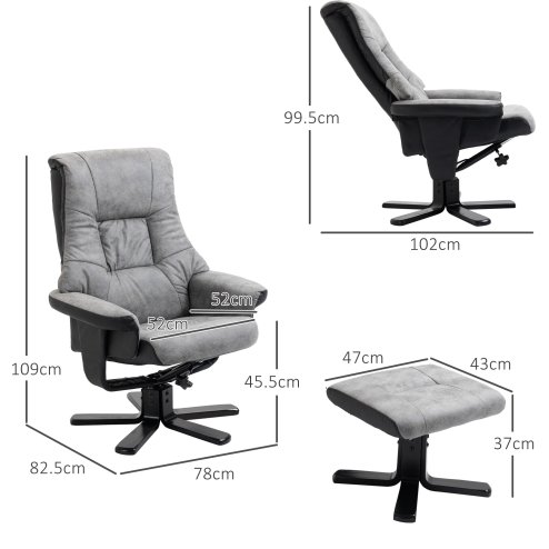 HOMCOM Recliner Chair With Footstool, Swivel Lounge Armchair, 135° Reclining Chair With Soft Padded Seat and Armrest For Living Room, Bedroom, Grey