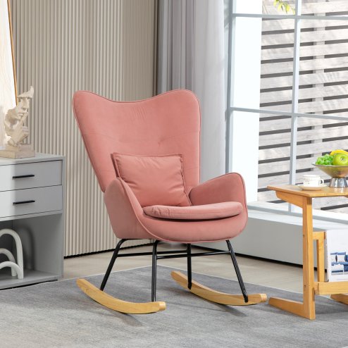 HOMCOM Velvet Rocking Chair with Lumbar Pillow, Rocker Armchair with Metal Legs and Wood Base for Living Room, Bedroom, Pink