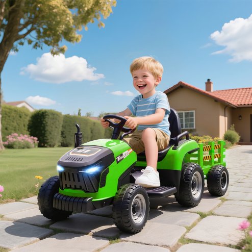 AIYAPLAY Ride on Tractor with Trailer, 12V Electric Vehicle with Remote Control, Ride on Car for Kids with Music, Shifter, Start-Up Sound for Ages 3-8 Years, Green