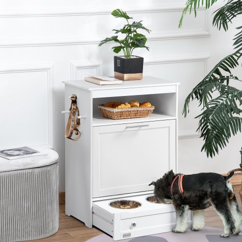 PawHut Pet Feeder Station, Dog Food Storage Container w/ Raised Dog Bowls, Hanger, for Food and Water - White Image