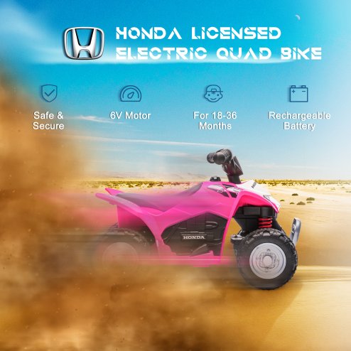 AIYAPLAY Honda Licensed Kids Electric Quad Bike, 6V Ride On Car ATV Toy, with LED Light, Horn, for 1.5-3 Years, Pink