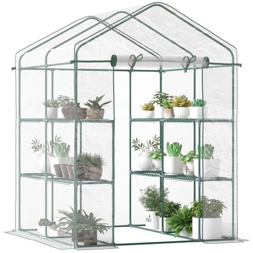 Outsunny Walk in Greenhouse with 3-Tier 8 Shelves, Green House with Hemmed Cover, Roll-up Zipped Door, Steel Frame, 143 x 143 x 195cm