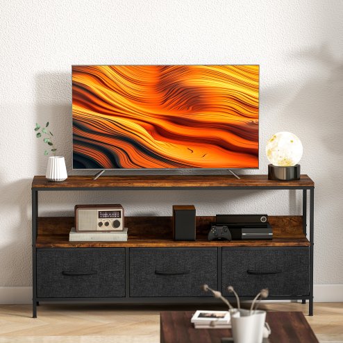 HOMCOM TV Stand Cabinet up to 55-inch, TV Unit with 3 Foldable Linen Drawers, Open Shelf for Living Room, Bedroom, Entertainment Room, Rustic Brown