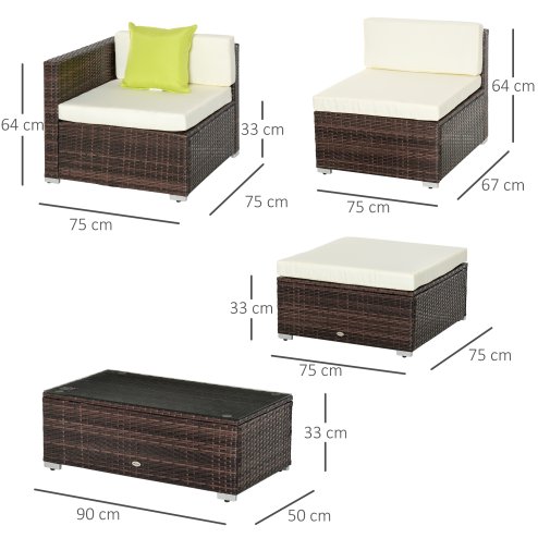 Outsunny 5 Pieces PE Rattan Garden Furniture Set with Cushions, Outdoor Corner Sofa, Patio Sectional Conversation Furniture Sets with Glass Top Coffee Table, Brown