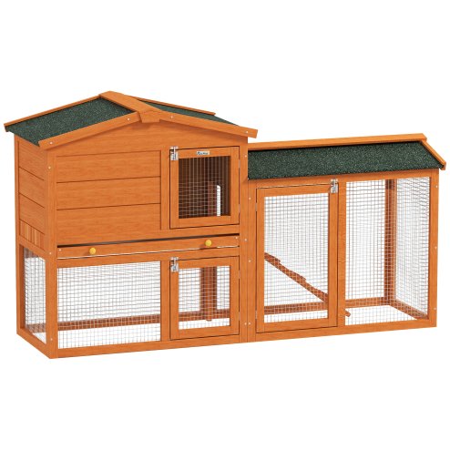 PawHut Rabbit Hutch Outdoor, 2 Tier Guinea Pig Hutch with Run, Ramp, Slide-out Tray, Asphalt Roof, 150 x 45 x 85cm
