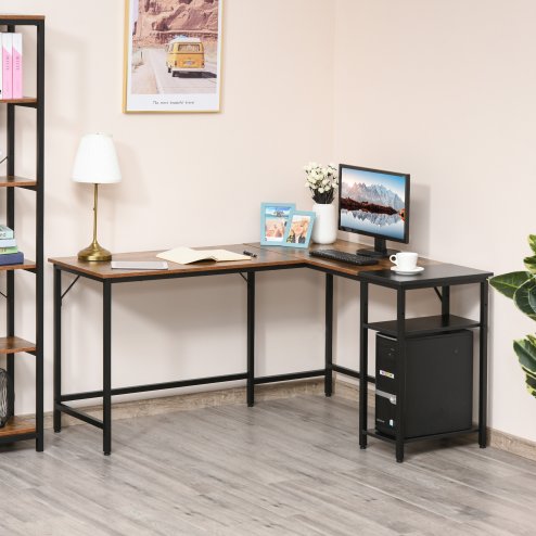 HOMCOM L-Shaped Computer Desk Industrial Corner Writing Desk with Adjustable Storage Shelf Space-Saving Home Office Workstation 150 x 120 x 75 cm Rustic Brown