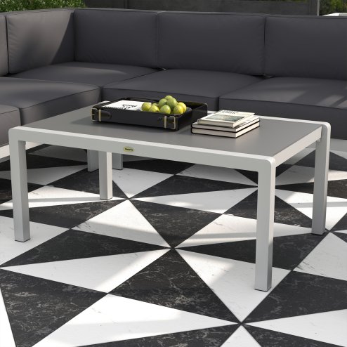 Outsunny 5-Piece Garden Corner Sofa Set with Cushions, 6 Seater Aluminium Garden Furniture Set with Glass Top Coffee Table, Patio Sectional Conservatory Furniture for Patio & Terrace, Light Grey