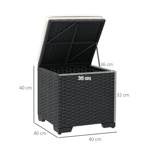 Outsunny Set of 2 Rattan Storage Ottoman, Outdoor Footstool with Removable Cushions, Garden Storage Seat for Balcony, Porch, Living Room, Cream White
