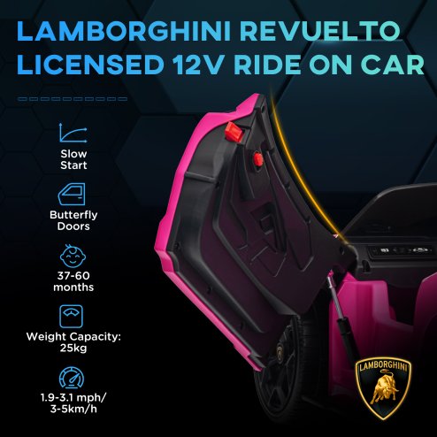 AIYAPLAY Lamborghini Revuelto Licensed Electric Car for Kids with Butterfly Doors, 12V Kids Electric Ride On with Suspension, Remote Control, LED Lights, Horn, USB, MP3 for 3-5 Years, Pink