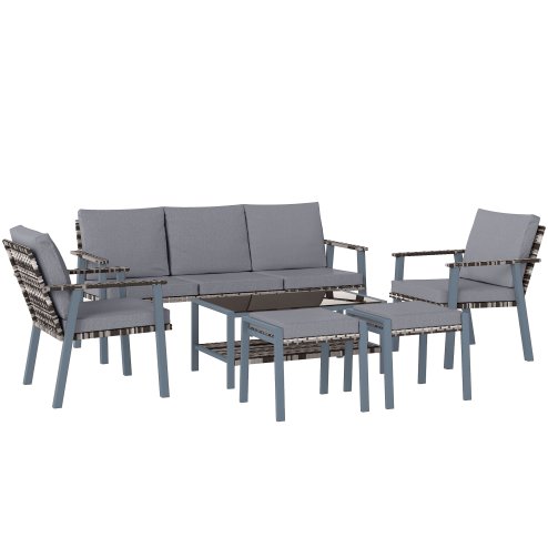 Outsunny 6 Piece Rattan Garden Furniture Set with 3-Seater Sofa, 2 Chairs and 2 Footstools, 7 Seater Outdoor Sofa Set with Glass Top Coffee Table and Cushions for Balcony, Grey
