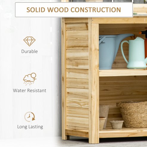 Outsunny Garden Potting Bench Table, Wooden Workstation Bench w/ Galvanized Metal Tabletop, Storage Shelves and Hooks for Patios, Courtyards, Balcony