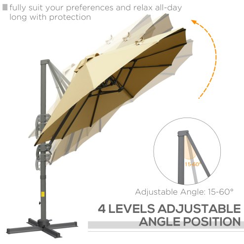 Outsunny 4.5m Patio Cantilever Roma Parasol, Large Double-Sided Rectangular Garden Umbrella with Crank Handle, 360 degrees Cross Base for Bench, Outdoor, Khaki