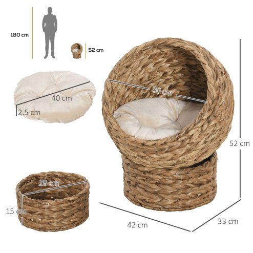 PawHut Wicker Cat House, Raised Cat Bed with Cylindrical Base, Soft Washable Cushion, Woven Water Hyacinth Cat Basket for Indoor and Outdoor, 42 x 33 x 52 cm - Brown