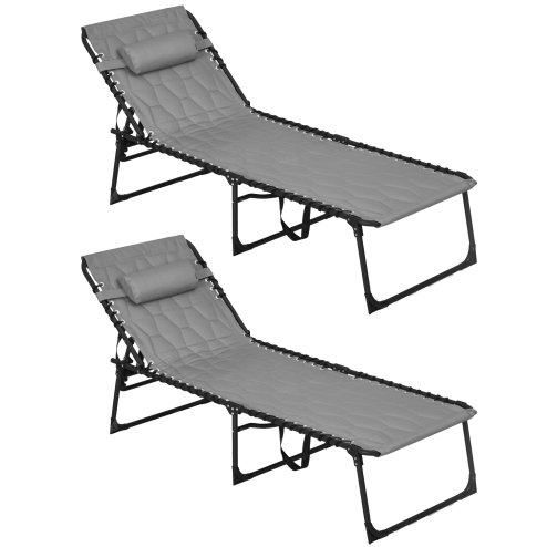 Outsunny 2 Piece Foldable Sun Lounger Set with 5-level Reclining Back, Outdoor Tanning Chairs Sun Loungers with Build-in Padded Seat, Side Pocket, Headrest for Beach, Patio, Grey