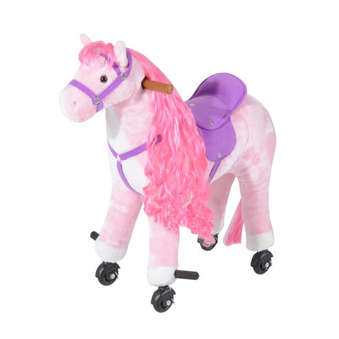 HOMCOM Plush Walking Horse Ride On Toy with Wheels and Realistic Sounds Rocking Horse for Girls Boys 3+ Years Old, 50cm Tall, Pink Image