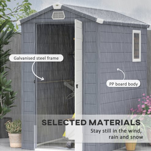 Outsunny 4 x 6ft Plastic Garden Storage Shed with Ventilation Slots and Lockable Door, Polypropylene Outdoor Storage Tool House with Foundation Kit, Grey