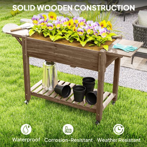 Outsunny Raised Garden Bed, Wooden Elevated Planter Box with Lockable Wheels, Side Tables and Bottom Shelf, Outdoor Planter with Liner and Drainage Holes for Vegetables, Flowers, Fruits, Carbonised