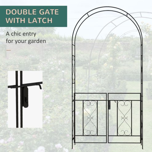 Outsunny Outdoor Garden Arch with Double Gates, Metal Garden Arbor for Climbing Plants, Roses, Vines, Wedding Arch for Outdoor, 114L x 36W x 232H cm, Black