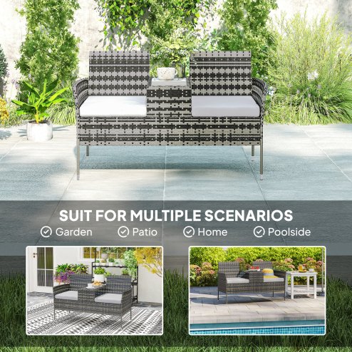 Outsunny 2 Seat Rattan Garden Bench, Patio Wicker Chair with Glass Tea Table, Outdoor Love Seat with Padded Cushions, for Garden, Porch, Charcoal Grey/Grey