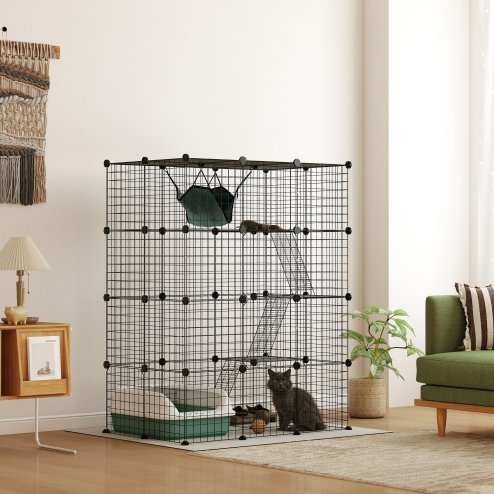 PawHut Cat Cage Indoor, DIY 4 Tier Wire Cat Enclosure with Hammock, Ramps, Doors, Jumping Platforms, Detachable Catio Indoor for 1-3 Cats, 105 x 70 x 140 cm, Black