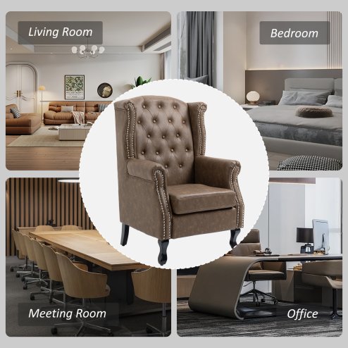HOMCOM Wingback Armchair, PU Leather Fireside Chair, Button Tufted Accent Chair  for Living Room, Bedroom, Home Office