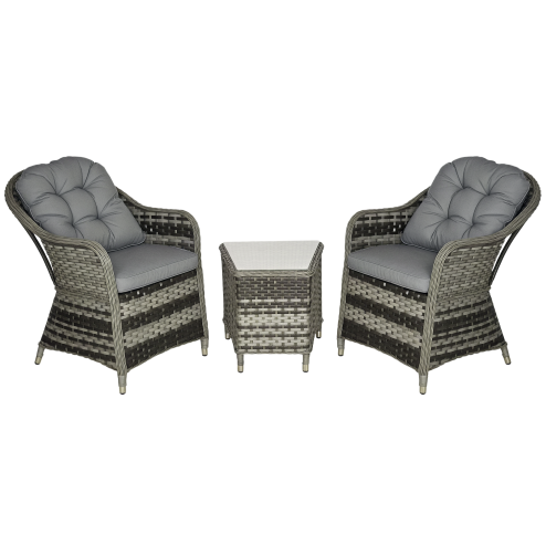 Outsunny 3 Pieces Rattan Bistro Set, Wicker Garden Bistro Set, Glass Top Balcony Table and Chairs with Cushions for Outdoor, Patio, Balcony, Grey