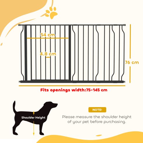 PawHut Dog Gate Wide Stair Gate w/ Door Pressure Fit Pets Barrier for Doorway, Hallway, 76H x 75-145W cm - Black